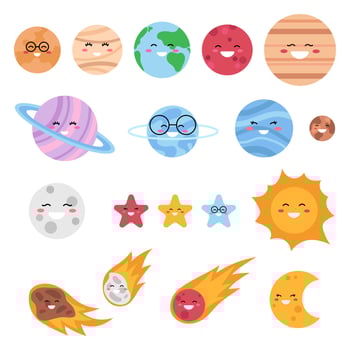 Cute solar system objects isolated on a white background. Kawaii planets, asteroids, comet, stars, sun and moon. Vector illustration for children.
