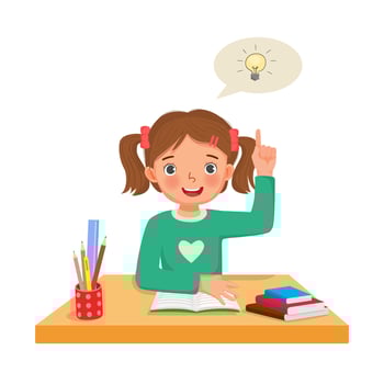 Little girl got an idea to solve the problems in math homework raised her finger pointing up while sitting studying on the desk at home vector