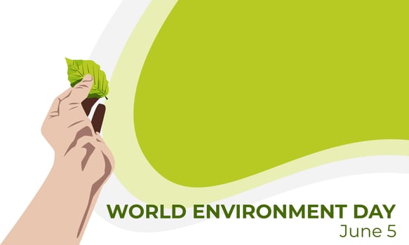 Illustration of a leaf held by someone's hand. World environment day poster. vector
