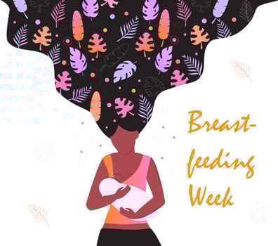 World Breastfeeding Week in August for flyer, banner, landing page. Beautiful African mom is breastfeeding her newborn baby. vector