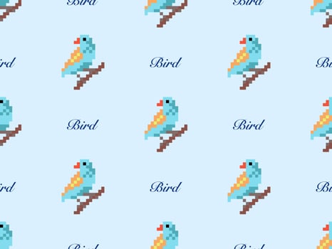 Bird cartoon character seamless pattern on blue background. Pixel style. vector