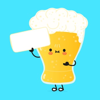 Cute funny glass of beer poster character. Vector hand drawn cartoon kawaii character illustration. Isolated blue background. Glass of beer poster