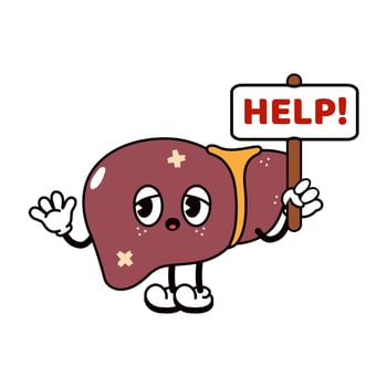 Sad suffering sick cute human liver organ asks for help character. Vector flat cartoon illustration icon design. Isolated on white backgound. Suffering unhealthy liver character concept