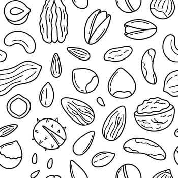 Hand drawn seamless pattern of nuts and seeds doodle.  Almond, hazelnut, pistachio, macadamia, cashew, walnut in sketch style.  Vector illustration