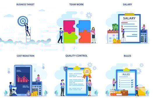 Set bundle Business concept. business target, team work, salary, qost reduction, quality control, rules. vector