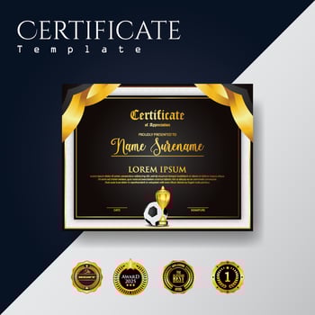 Soccer Game Certificate Diploma With Golden Cup Set Vector. Football. Sport Award Template. Achievement Design vector