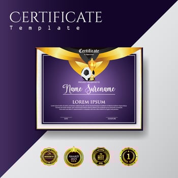Soccer Game Certificate Diploma With Golden Cup Set Vector. Football. Sport Award Template. Achievement Design vector