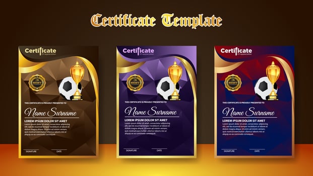 Soccer Game Certificate Diploma With Golden Cup Set Vector. Football. Sport Award Template. Achievement Design vector