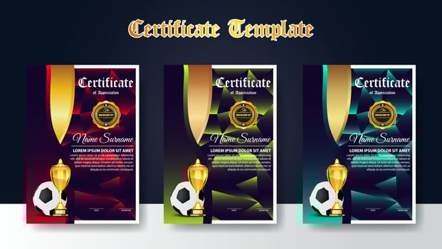 Soccer Game Certificate Diploma With Golden Cup Set Vector. Football. Sport Award Template. Achievement Design vector