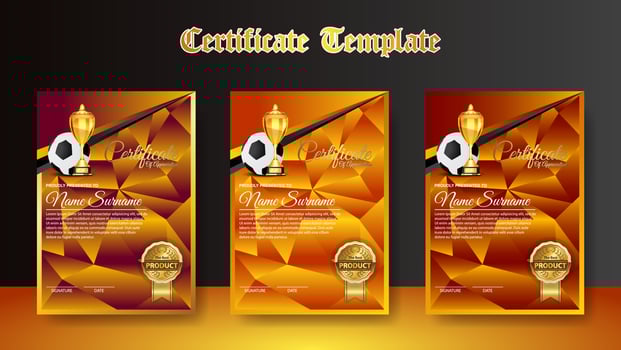 Soccer Game Certificate Diploma With Golden Cup Set Vector. Football. Sport Award Template. Achievement Design vector
