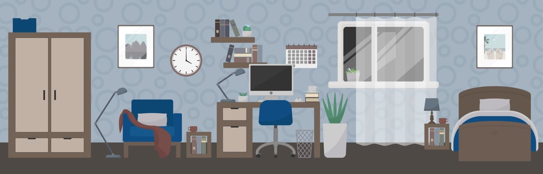 Bedroom interior with home office. Cozy armchair, wardrobe, workspace with computer and a bed. Deep blue accents. Flat style banner vector illustration.