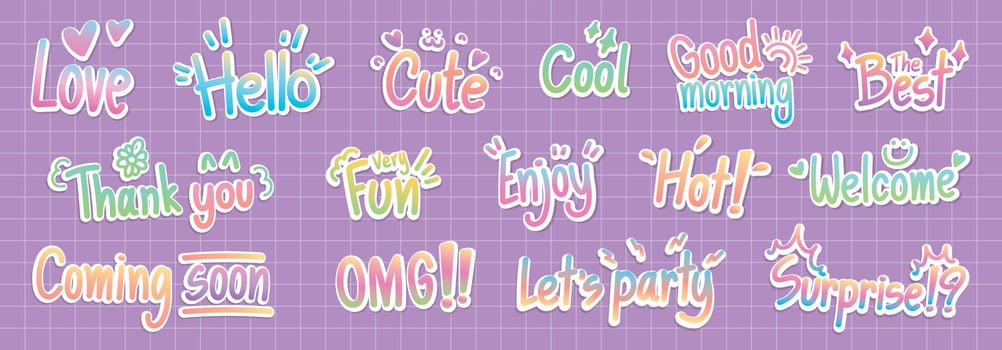 Cute and bright word stickers vector set in freehand drawing style.
