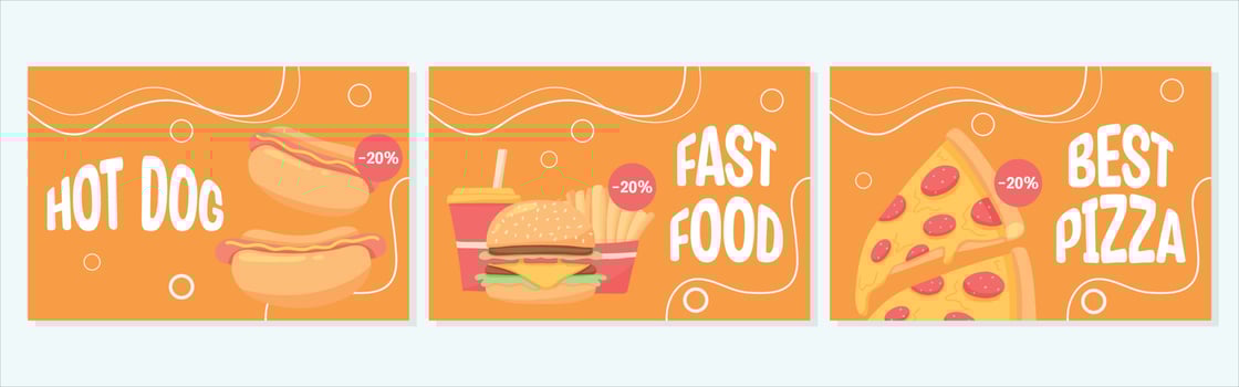 Fast food poster set. flyers m hamburger, hot dog, french fries, pizza. Discount flyers. Vector illustration.