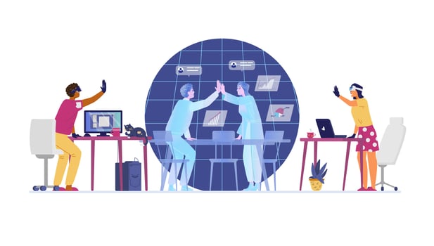 Colleagues working from home meeting in metaverse flat vector illustration. Hologram man and woman giving high five in virtual office room. Modern technologies for business.