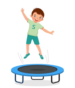happy little boy jumping on a trampoline having fun playing outdoor sport activity vector