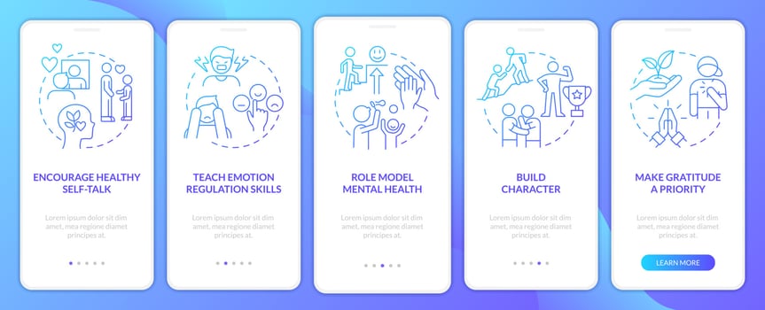 Kids mental toughness blue gradient onboarding mobile app screen. Walkthrough 5 steps graphic instructions pages with linear concepts. UI, UX, GUI template. vector