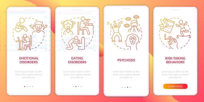 Teen mental disorders red gradient onboarding mobile app screen. Walkthrough 4 steps graphic instructions pages with linear concepts. UI, UX, GUI template. vector