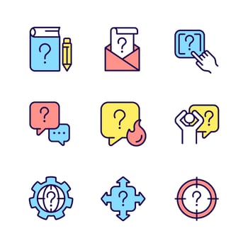 Necessary information service RGB color icons set. Answering on questions. Finding best solution. Isolated vector illustrations. Simple filled line drawings collection. Editable stroke