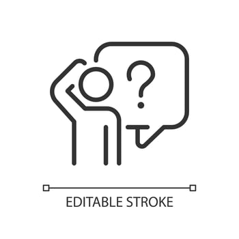 Bewildered person linear icon. Looking for answer on question. Searching information source. Thin line illustration. Contour symbol. Vector outline drawing. Editable stroke.