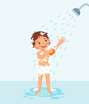 cute little boy enjoying having shower in the bathroom with fluffy soap bubble vector