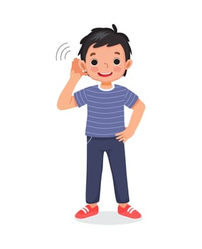 cute little child boy with hearing problem try listening attentively by putting his hand to ear vector