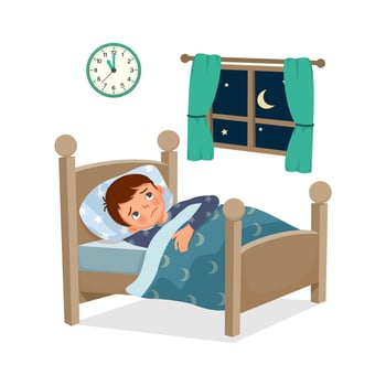 cute little child boy has insomnia or sleeping disorder stay awake and cannot sleep on bed at night in bedroom vector