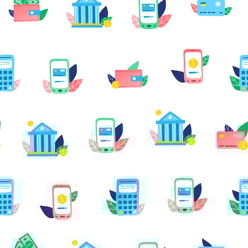 Seamless pattern with colorful conceptual flat doodle bank, smartphone, wallet, credit card, coins icons. vector