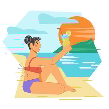 Beautiful woman on sandy beach enjoys sea vacation and refreshes herself with drink. Summer vacation and sea travel, flat vector illustration isolated on white background.