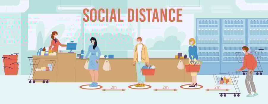 Safe social distance at supermarket instruction vector