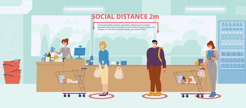 Social distancing at supermarket awareness poster vector
