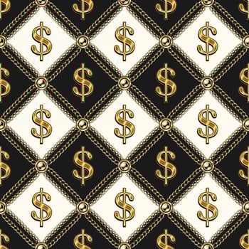 Staggered luxury vintage black and white pattern with shiny gold dollar sign, gold chains, beads. Vector seamless background.