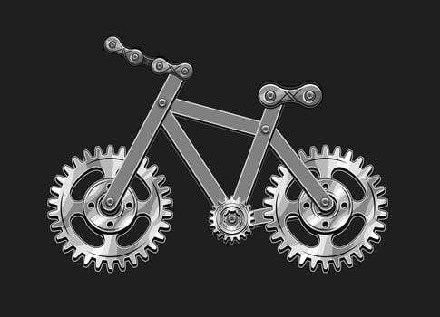 Bicycle made with silver steel gears, metal rails, rivets. Badge for repair bike service in vintage steampunk style. Good for craft design.2 vector