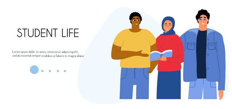 Young students of different races help each other. Online learning landing page. Banner, vector flat illustration.