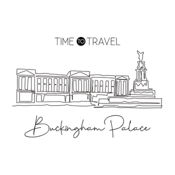 One single line drawing Buckingham Palace landmark. World famous iconic in London, England. Tourism travel postcard wall decor print art concept. Modern continuous line draw design vector illustration