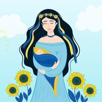 Vector illustration Ukrainian woman with her baby. Ukrainian flag