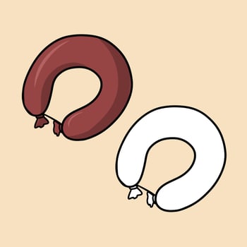 A set of pictures for coloring books, Red smoked delicious sausage rolled into a ring, vector cartoon illustration on a light background
