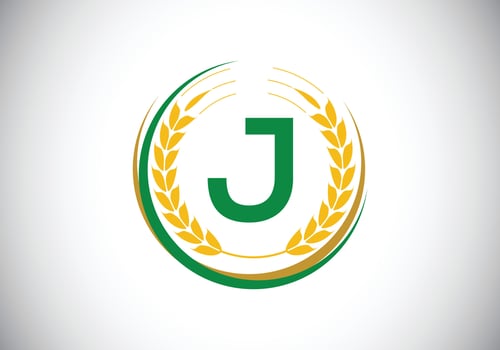 Initial letter J sign symbol with wheat ears wreath. Organic wheat farming logo design concept. Agriculture logo design vector template.