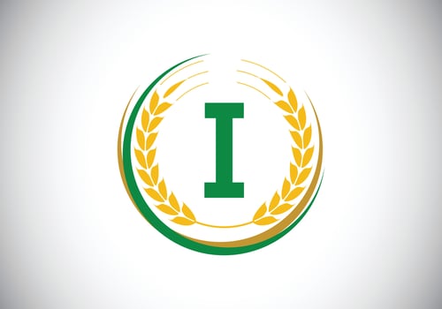 Initial letter I sign symbol with wheat ears wreath. Organic wheat farming logo design concept. Agriculture logo design vector template.