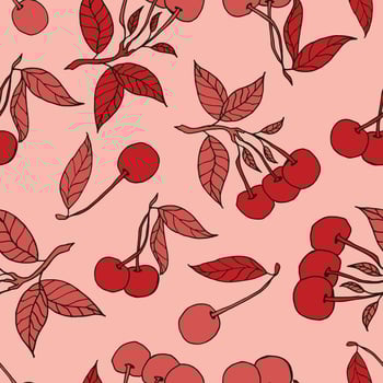 Cherries seamless pattern design. Beautiful tropical berries background. Tropical fruits and leaves seamless pattern background. Good for prints, wrapping paper, textile and fabric. vector