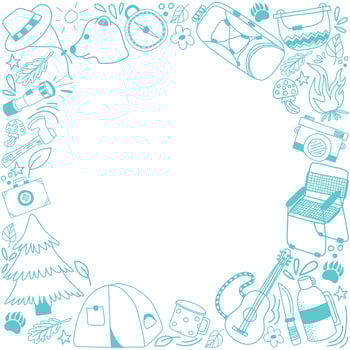 A set of doodles with elements of hiking, arranged in a circular frame. Vector hand-drawn cliparts with adventure, camping and hiking gear. Contour vector illustration.