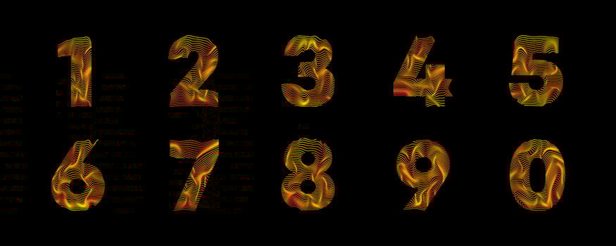 Wavy line number set. Numbers with motion wave. Number logo with colorful twisted lines. Creative vector illustration with zebra, sea, print and wavy pattern lines.