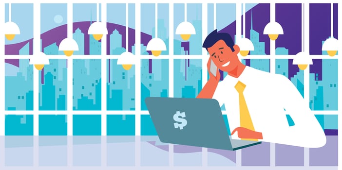 Successful smiling happy businessman character talking on phone. Vector flat cartoon illustration