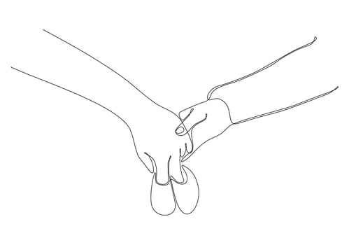 Continuous line of mother's hand holding baby's shoes vector
