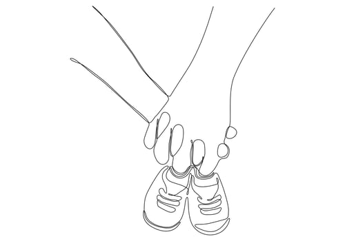 Continuous line of mother's hand holding baby's shoes vector