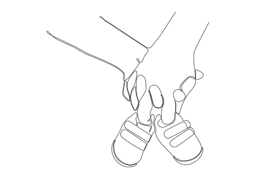 Continuous line of mother's hand holding baby's shoes vector