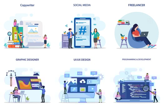set bundel business profession. copywriter, socila media, freelancer, graphic designer, ui ux design, programming and development vector