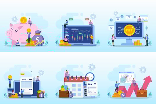 Set bundle Business concept. investment, trader online, nft, invoice, tax online, ipo specialist vector