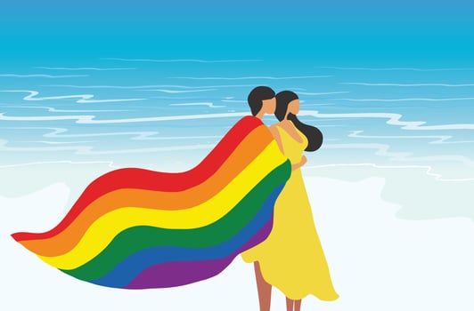 LGBTQ  transgender couple holding rainbow flag standing on beach vector illustration. LGBTQ pride month concept