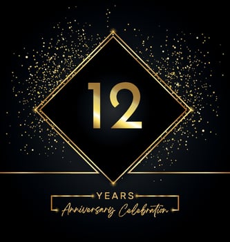 12 years anniversary celebration with golden frame and gold glitter on black background. Vector design for greeting card, birthday party, wedding, event party, invitation. 12 years Anniversary logo.