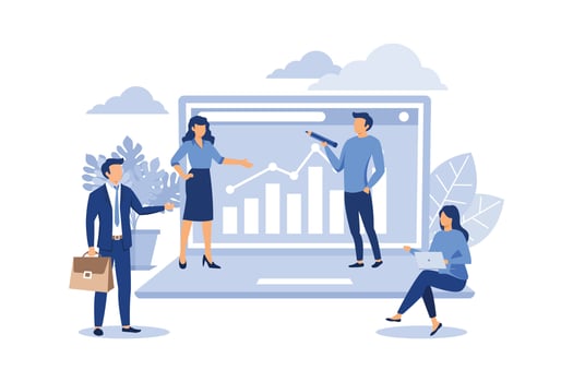 graphic design, analysis of statistical data in a computer, work with data. competently planned startup. market research and information flat vector illustration